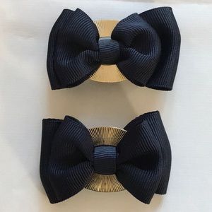 Vintage UNUSED shoe bows navy blue and brass clip ons or press in